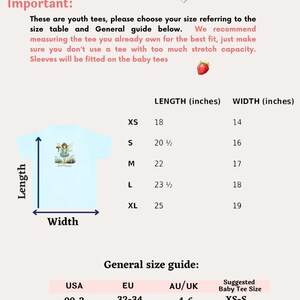 May include: A size chart for baby tees with a graphic of a fairy on a light blue tee. The chart shows the length and width of the tees in inches for sizes XS, S, M, L, and XL. A general size guide is also included, showing the corresponding USA, EU, and AU/UK sizes for baby tees.