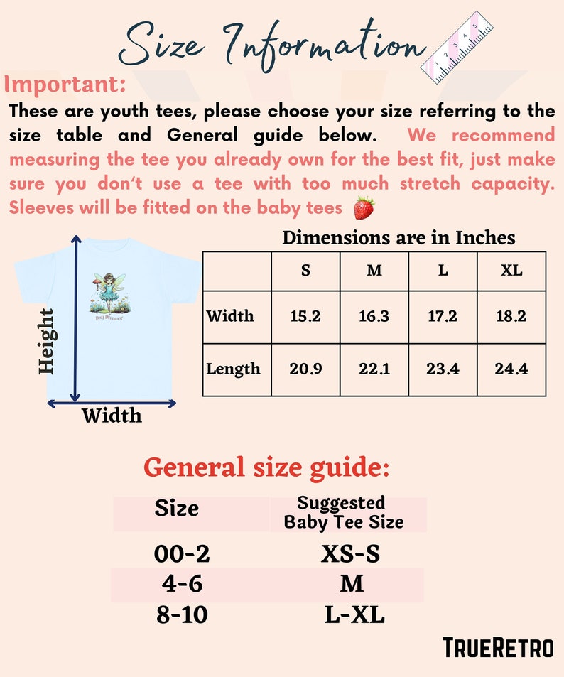 Peut inclure: T-shirt bleu clair pour enfants avec un motif de f&eacute;e. Le tableau des tailles indique les dimensions en cm : largeur de 38,6 &agrave; 46,2 cm, longueur de 53,1 &agrave; 62 cm. Guide des tailles : 00-2 (XS-S), 4-6 (M), 8-10 (L-XL).