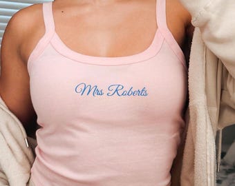 Personalized embroidered tank top, Bride tank top, Mrs tshirt, Engagement reveal, Bachelorette party, gift for Bride, something blue