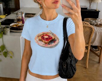 Strawberry Toast Baby Tee, Coquette Aesthetic Shirt, Vintage Romantic Graphic Tee, Y2K Baby Tee Women, Cute Food Shirt