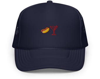 Embroidered Hot Dog Martini Foam Trucker Hat, Tinis and Weenies Cap, Girls Trip cap, Baseball Game Outfit accesory