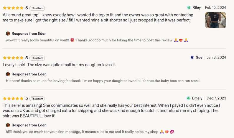 Peut inclure: Capture d'&eacute;cran des avis clients Etsy. Les avis proviennent de Riley, Sue et Emely. Les avis concernent un haut et un t-shirt. Les avis sont des &eacute;valuations 5 &eacute;toiles et incluent des commentaires positifs sur le vendeur et les produits.