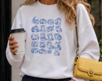 Vintage Blueberry Kitten Sweatshirt, Cute Cat top, Cottagecore Cat Crewneck, Cozy Fall attire, Cat Lover Gift