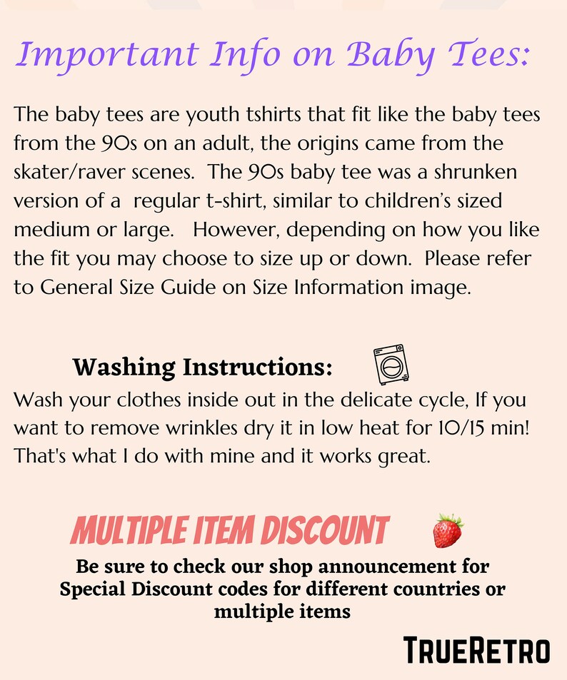 Peut inclure: Texte sur fond rose clair informant sur les baby tees, leur taille et les instructions de lavage. Mention d'une remise multi-articles et invitation &agrave; consulter l'annonce de la boutique pour les codes sp&eacute;ciaux.