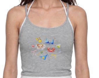 Y2K Messy Coquette Halter Top, Maximalist Graphic Tank, Martini Aesthetic Shirt, Cute Party Girl Top, Bow Bikini Collage Tee