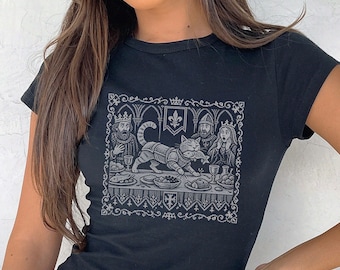T-shirt met middeleeuwse kat en nep-kruissteek, cyberstijl.