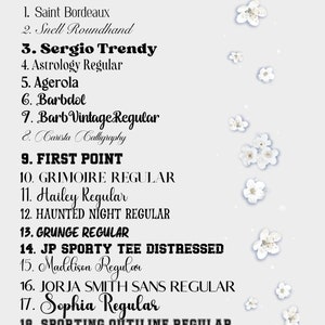 Puede incluir: Una lista de 19 estilos de fuente para elegir, incluyendo Saint Bordeaux, Snell Roundhand, Sergio Trendy, y m&aacute;s. La lista est&aacute; impresa en un fondo blanco con flores blancas dispersas.