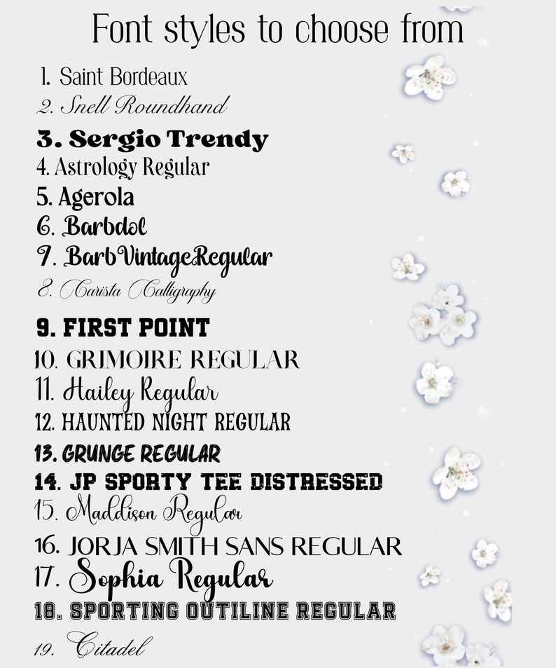 Puede incluir: Una lista de 19 estilos de fuente para elegir, incluyendo Saint Bordeaux, Snell Roundhand, Sergio Trendy, y m&aacute;s. La lista est&aacute; impresa en un fondo blanco con flores blancas dispersas.