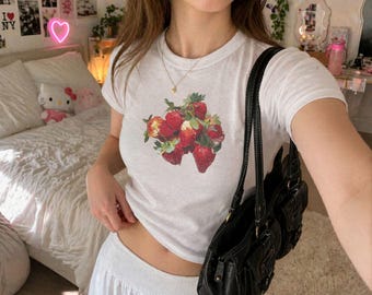 Painted Strawberry Baby Tee Y2K Aesthetic Shirt, Cute Fruit Graphic Tee, Coquette Cottagecore Top, Retro Summer Outfit
