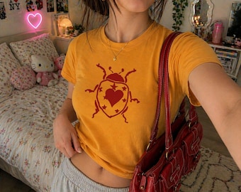Heart Ladybug Baby Tee, Stargirl Top, Y2K Clothing, Lucky Girl Shirt