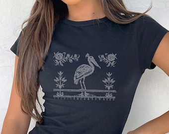 Koszulka dla niemowląt Cyber Shoebill haftowana krzyżykiem, średniowieczne róże, biało-czarna