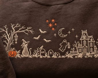 Spookachtig landhuis Halloween-sweatshirt met borduurwerk