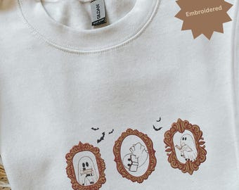 Sudadera bordada con fantasmas leyendo: acogedora sudadera de cuello redondo de Halloween con estilo cottagecore