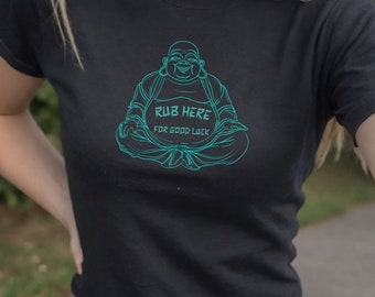 Bhudda shirt, Rub here for good luck baby tee, meme tshirt, Slogan y2k baby tee, baby tees y2k, Vintage graphics tee, Gift for her
