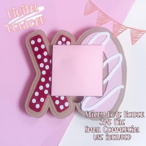 May include: A pink sticky note holder in the shape of "XO" with a pink square sticky note in the center. The "X" is red with white polka dots. The "O" is a pink donut shape with white icing. The words "Digital Download" are at the top.