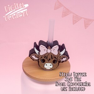 May include: A straw topper featuring a cartoon Highland cow design with a pink bow. The topper is brown, black, and tan, and is designed to sit on top of a straw. The image includes the text "Digital Download".