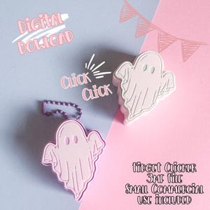 May include: Two ghost-shaped fidget clickers in pale pink with white detailing, one with a keychain. The image includes the text "Digital Download" and "Click Click". The background is split between light blue and pink.