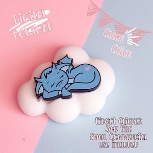 May include: A light blue dragon-like creature pin, sleeping on a white cloud-shaped base. The pin has a black outline and a heart detail. Text includes "Digital Download", "Quick Quick", and "Fidget Clicker 3MF File Small Commercial Use Included".
