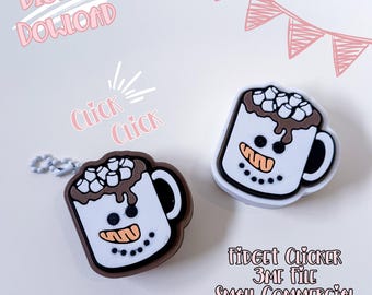 Könnte beinhalten: Zwei weiße und braune Fidget-Clicker in Form von Tassen heißer Schokolade mit Schneemann-Gesichtern und Marshmallows. Der Text "Digital Download" und "Click Click" ist rosa. Der Text "Fidget Clicker 3MF File Small Commercial Use Included" ist ebenfalls sichtbar.