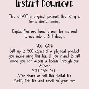 May include: A pink background with the words "Instant Download" in black. The text explains the listing is for a digital design, not a physical product. It details usage rights, including selling up to 500 copies of a physical product.