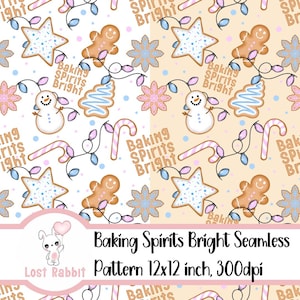 May include: A seamless pattern featuring a variety of Christmas-themed cookies, including gingerbread men, snowmen, candy canes, and star-shaped cookies. The background is a light beige color with a white border. The text "Baking Spirits Bright" is repeated throughout the pattern.