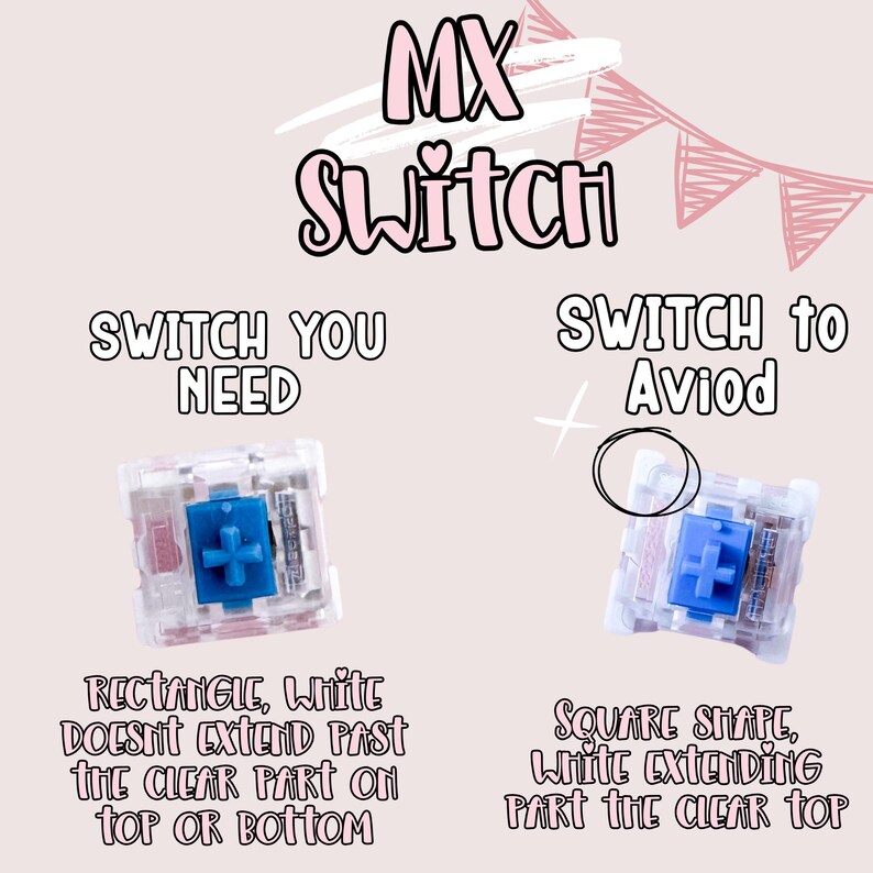 May include: Image of two MX switches, one rectangular and one square. The rectangular switch has white components that do not extend past the clear top, while the square switch has white components that extend past the clear top. Text reads "SWITCH YOU NEED" and "SWITCH to Aviod".