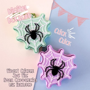 May include: Two fidget clickers with spiderweb and spider designs. One is light green with a black spider, the other is purple with a black spider. The image includes text that says "Digital Download", "Quick Click", and "Fidget Clicker 3MF File Small Commercial Use Included".