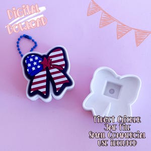 May include: A white and red bow-shaped fidget clicker with a blue star pattern and red stripes, attached to a blue chain. The text "Digital Download" is above the bow. The text "Fidget Clicker 3MF File Small Commercial Use Included" is below the bow.