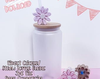 May include: A white glass tumbler with a wooden lid and a light purple daisy straw topper. The image also includes two daisy-shaped fidget clickers and the text "Digital Download" and "Fidget Clicker/Straw Topper Bundle".