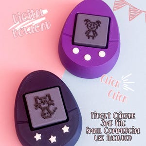 May include: Two purple and dark blue fidget clickers with a retro design. Each clicker has a gray square button with a cartoon character. The text "Digital Download" and "Click Click" are visible. The text "Fidget Clicker 3MF File Small Commercial Use Included" is also visible.