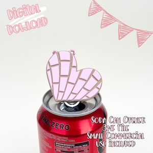 May include: A pink heart-shaped soda can opener with a brick pattern, resting on a red Coke Zero can. The image includes the text "Digital Download" and "Soda Can Opener 3MF File Small Commercial Use Included."