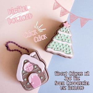 May include: Two Christmas-themed fidget clickers: a gingerbread house with a pink door and a Christmas tree with pink and white accents. The image includes text that says "Digital Download" and "Click Click".