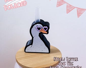 May include: A swan-shaped straw topper in black, white, and grey, wearing heart-shaped sunglasses, with a clear straw. The topper is on a wooden lid. Text on the image reads "Digital Download" and "Straw Topper 3MF File Small Commercial Use Included."
