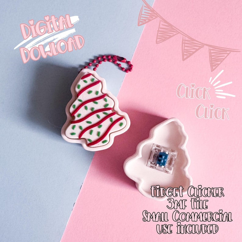 May include: A Christmas tree-shaped charm with red and green details, attached to a red beaded chain. The image also shows a white tree-shaped container with a small blue and clear object inside. Text includes "Digital Download" and "Fidget Clicker".