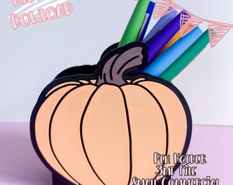 May include: A pumpkin-shaped pen holder in shades of orange and black, filled with colorful pens. The pen holder has a textured surface and the words "Digital Download" are visible. The text "Pen Holder 3MF File Small Commercial Use Included" is also visible.