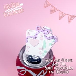 May include: A white soda can opener shaped like a playing card, adorned with a pink heart, lavender bow, and mint green details. The opener sits atop a red soda can. The image includes text: "DIGITAL DOWNLOAD" and "SODA CAN OPENER 3MF FILE SMALL COMMERCIAL USE INCLUDED."