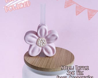 May include: A light pink flower-shaped straw topper with a white center, atop a wooden lid. A clear straw extends upwards. The image includes the text "Digital Download" and "Straw Topper 3MF File Small Commercial Use Included".