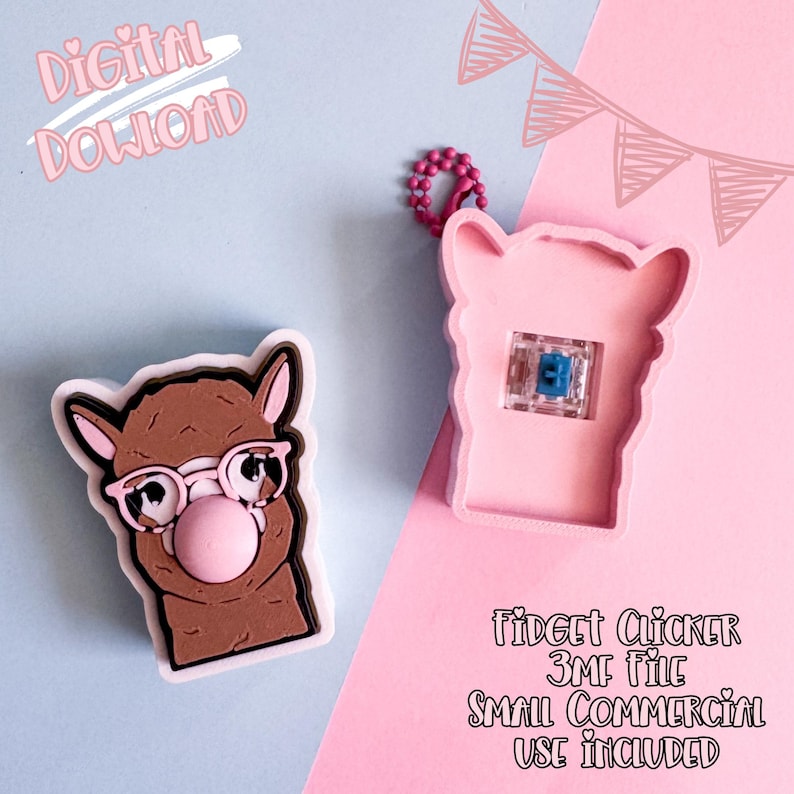 May include: Two llama-shaped fidget clickers. One is brown with glasses and a pink bubble. The other is pink with a blue and clear clicker. Text reads "Digital Download" and "Fidget Clicker 3MF File Small Commercial Use Included."