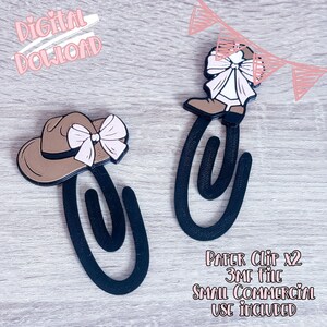 May include: Two black paper clips with cowboy-themed designs. One clip features a brown cowboy hat with a white bow, and the other has a cowboy boot with a white bow. The image includes the text "DIGITAL DOWNLOAD" and "PAPER CLIP X2 3MF FILE SMALL COMMERCIAL USE INCLUDED."