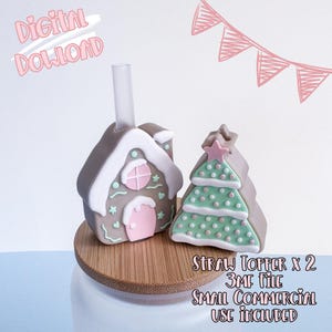 May include: Digital download image of two straw toppers. One is a gingerbread house with white, pink, and mint green details. The other is a Christmas tree with a pink star and mint green and pink accents.