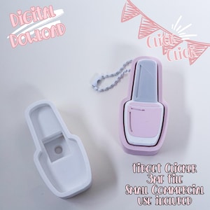 May include: A pink and white nail polish bottle-shaped fidget clicker with a silver chain. The image also shows a white mold of the fidget clicker. Text includes "Digital Download" and "Fidget Clicker 3MF File Small Commercial Use Included."