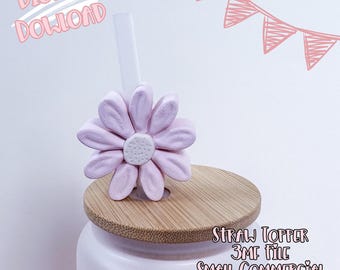 May include: A light purple daisy straw topper sits atop a wooden lid. The straw is clear. The text "Digital Download" is above the daisy. The text "Straw Topper 3MF File Small Commercial Use Included" is below the lid.
