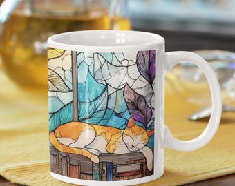 Tazza in ceramica da 11 once, tazza per amanti dei libri con decorazioni in vetro colorato, tazza per amanti dei libri, regalo floreale per chi ama leggere, regalo per amanti dei gatti, regalo per amanti dei libri, vetro colorato