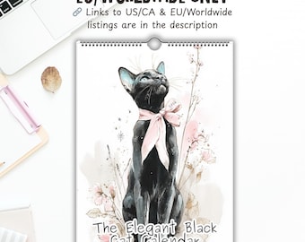 EU & Rest of World Black Cat Wall Calendar 2026, Watercolor Cat Art Calendar, Cute Cat Lover Gift, Feline Decor