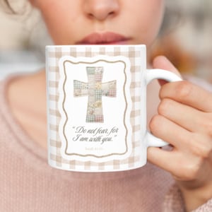 11oz Ceramic Mug, bible verse gifts, he is risen gift, Christian Mug, Faith Coffee Cup, Patchwork Cross, Floral Bible Verse, Farmhouse Style