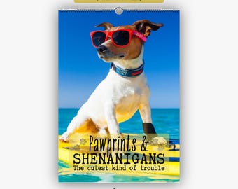 May include: A wall calendar featuring a Jack Russell Terrier wearing red sunglasses and a blue collar on a yellow surfboard in the ocean. The text reads EU & INTERNATIONAL [MONDAY START WEEK], Pawprints & SHENANIGANS The cutest kind of trouble.
