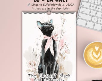 US & CA Black Cat Wall Calendar 2026, Watercolor Cat Art Calendar, Cute Cat Lover Gift, Feline Decor, yearly calendar