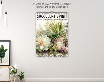 US CA succulent wall calendar,boho art,modern boho gift,succulent decor,geometric floral,2026 wall calendar,12 month planner