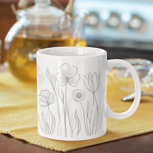 flower mug,flower pattern, illustration flower mug,minimalist mug,spring mug,botanical mug,floral coffee mug,boho mug,nature mug,nature gift