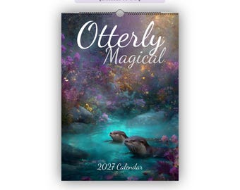 May include: A 2027 wall calendar titled Otterly Magical featuring an illustration of two otters swimming in a turquoise river surrounded by purple and blue foliage. The calendar has a spiral binding at the top with a hole for hanging.